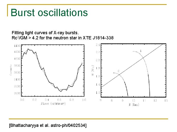 Burst oscillations Fitting light curves of X-ray bursts. Rc 2/GM > 4. 2 for Burst oscillations Fitting light curves of X-ray bursts. Rc 2/GM > 4. 2 for