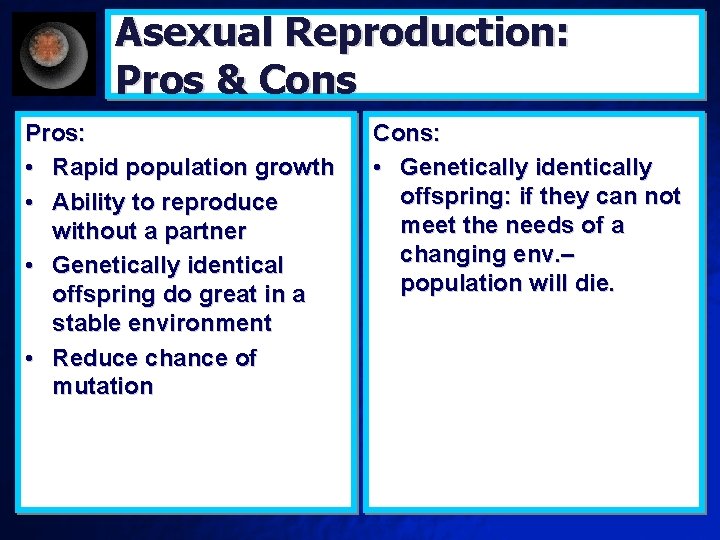 Asexual Reproduction: Pros & Cons Pros: • Rapid population growth • Ability to reproduce