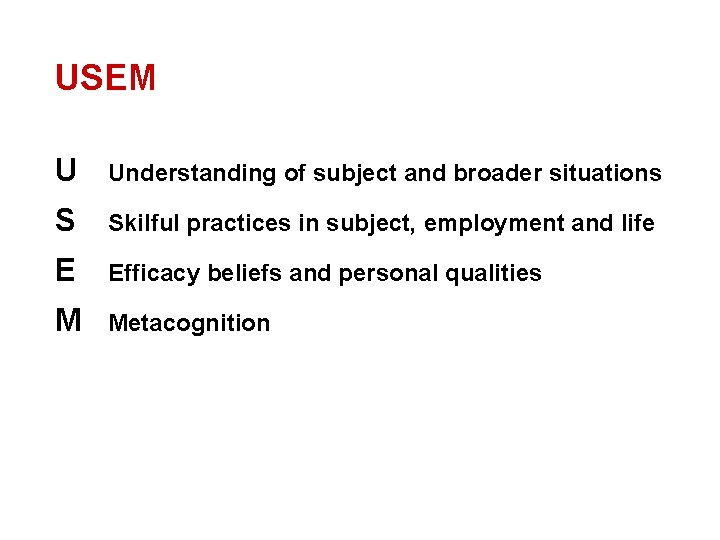 USEM U Understanding of subject and broader situations S Skilful practices in subject, employment