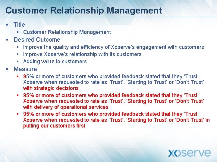 Customer Relationship Management § Title § Customer Relationship Management § Desired Outcome § Improve