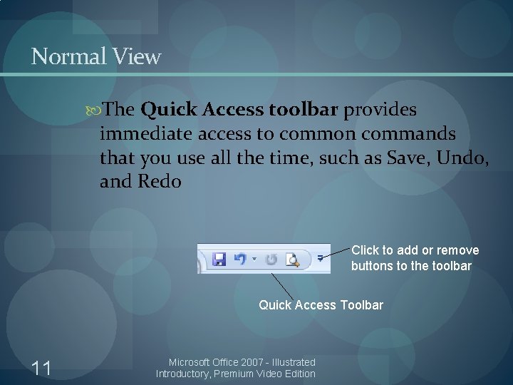 Normal View The Quick Access toolbar provides immediate access to common commands that you