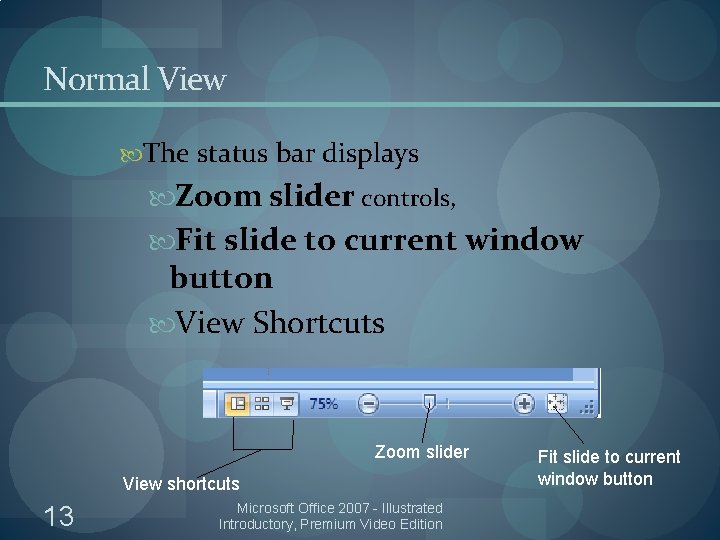 Normal View The status bar displays Zoom slider controls, Fit slide to current window