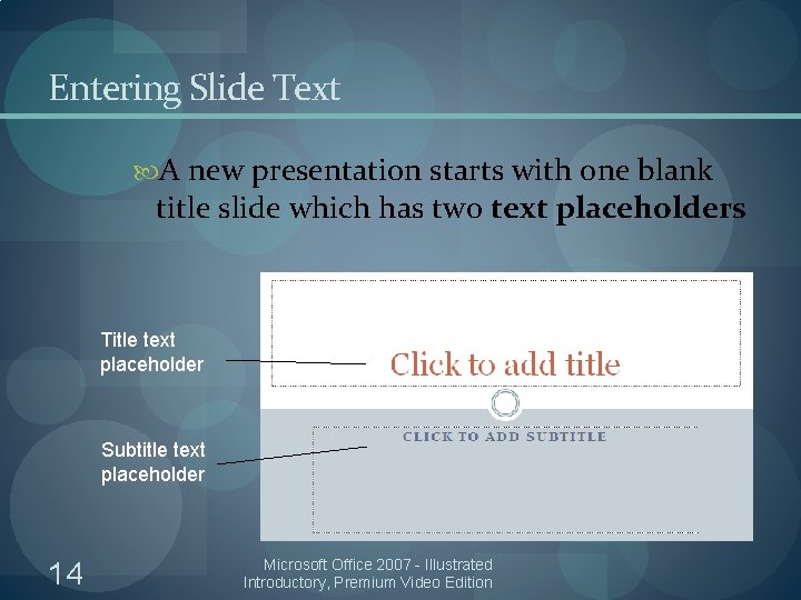 Entering Slide Text A new presentation starts with one blank title slide which has