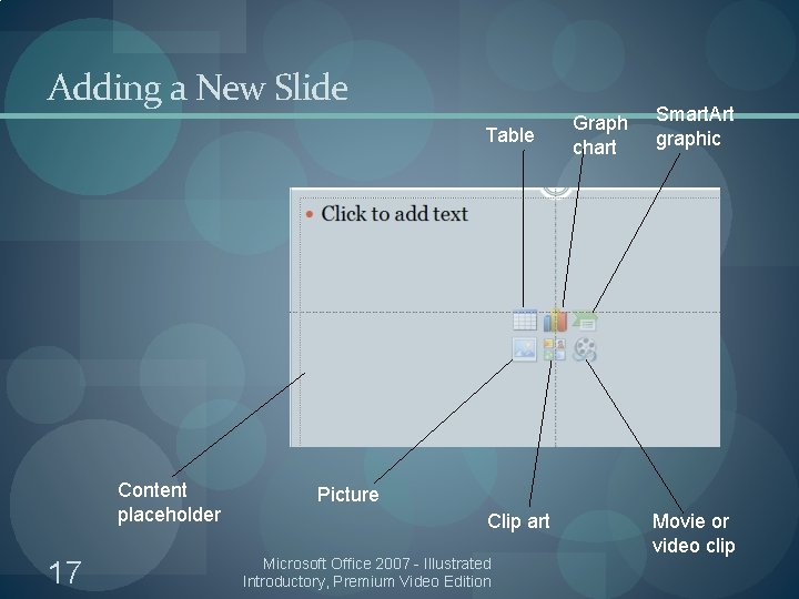 Adding a New Slide Table Content placeholder 17 Graph chart Smart. Art graphic Picture