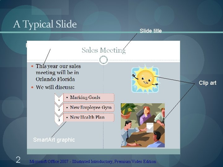 A Typical Slide title Bulleted text Clip art Smart. Art graphic 2 Microsoft Office