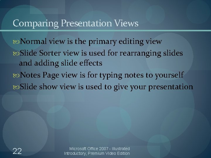 Comparing Presentation Views Normal view is the primary editing view Slide Sorter view is