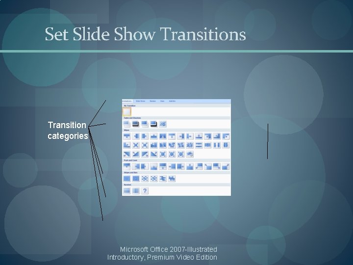 Set Slide Show Transitions Transition categories Microsoft Office 2007 -Illustrated Introductory, Premium Video Edition