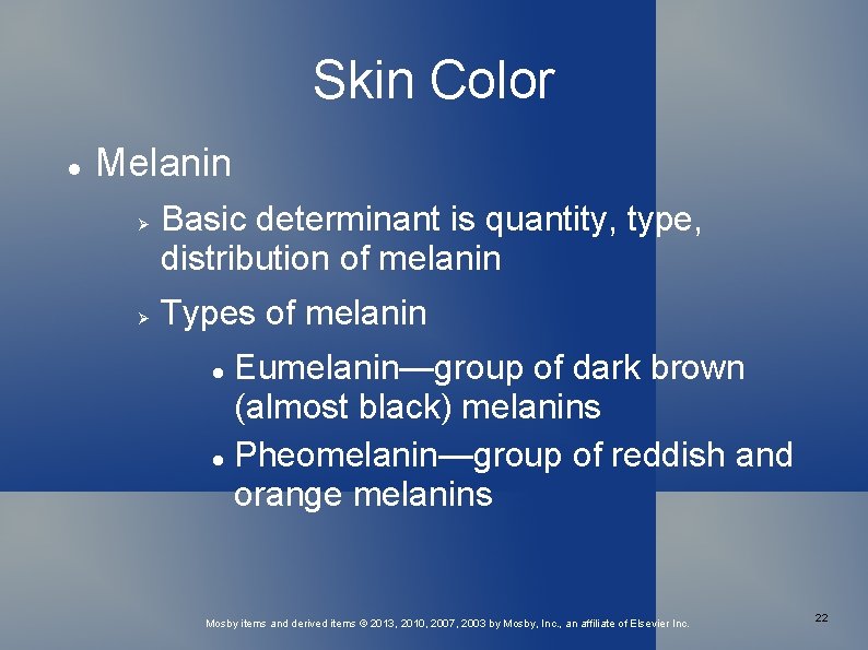Skin Color Melanin Basic determinant is quantity, type, distribution of melanin Types of melanin