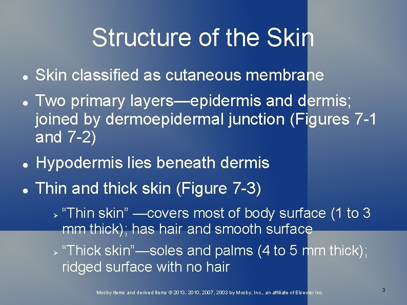 Structure of the Skin classified as cutaneous membrane Two primary layers—epidermis and dermis; joined