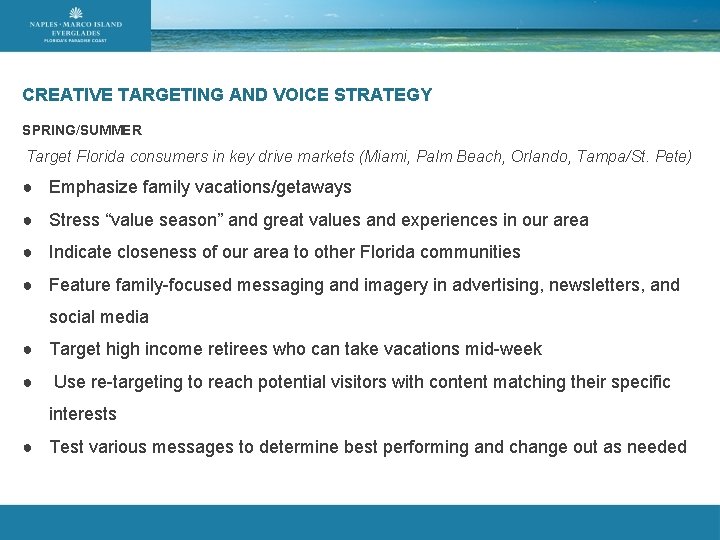 CREATIVE TARGETING AND VOICE STRATEGY SPRING/SUMMER Target Florida consumers in key drive markets (Miami,