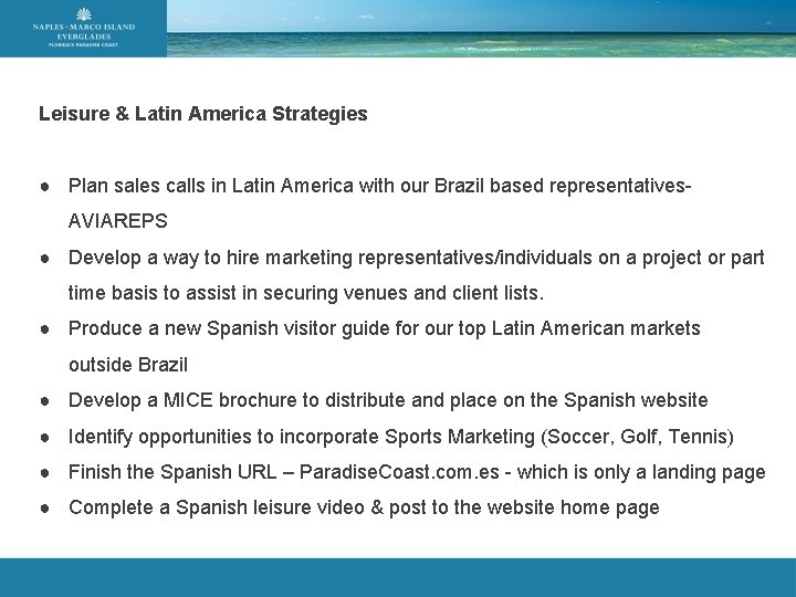 Leisure & Latin America Strategies ● Plan sales calls in Latin America with our