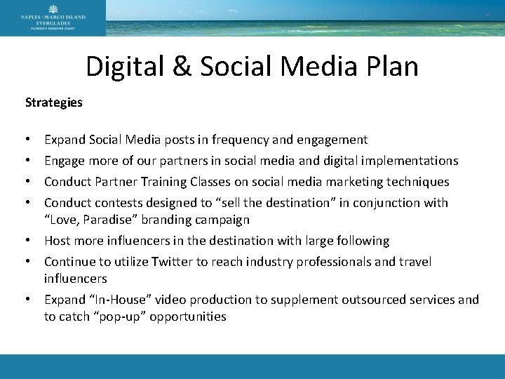 Digital & Social Media Plan Strategies Expand Social Media posts in frequency and engagement