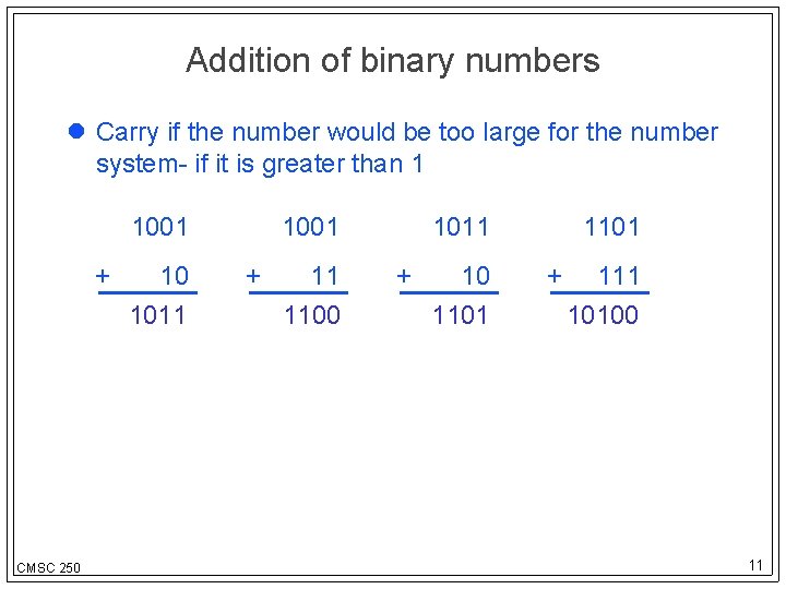 Addition of binary numbers Carry if the number would be too large for the