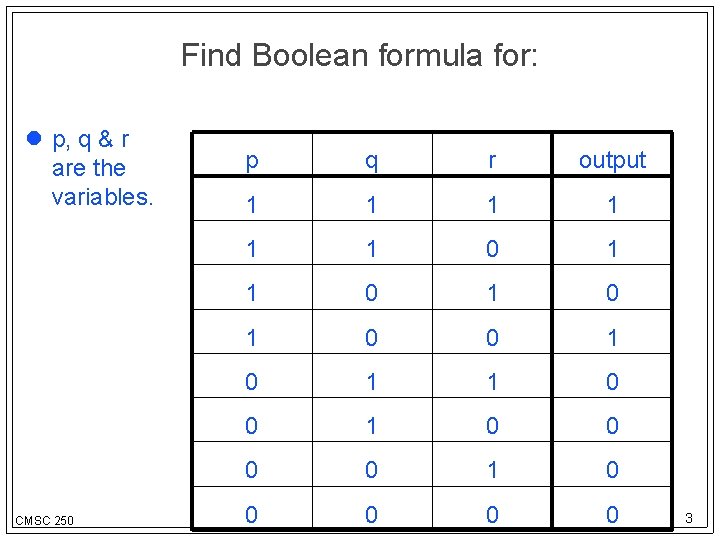 Find Boolean formula for: p, q & r are the variables. CMSC 250 p