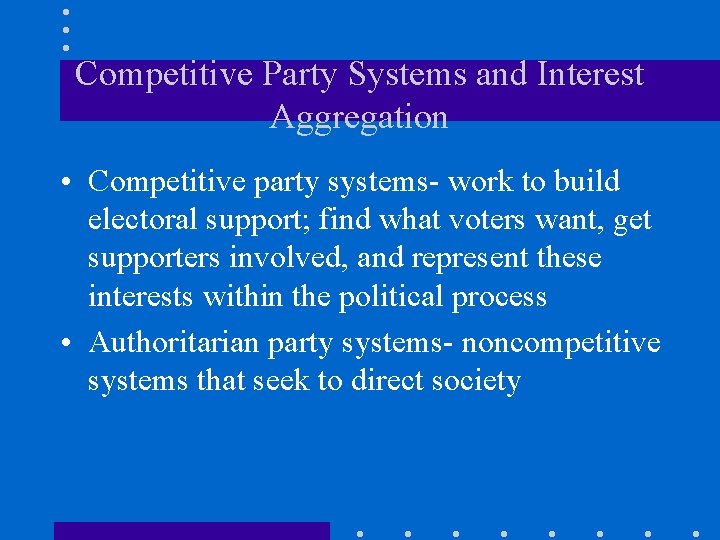Competitive Party Systems and Interest Aggregation • Competitive party systems- work to build electoral