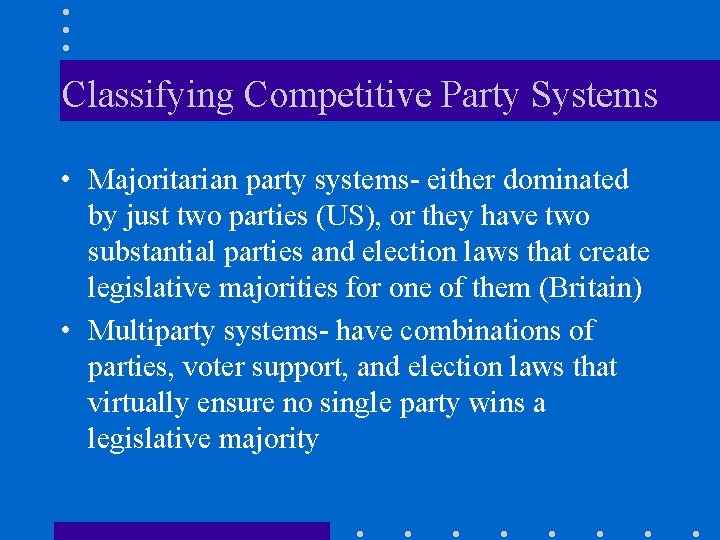 Classifying Competitive Party Systems • Majoritarian party systems- either dominated by just two parties