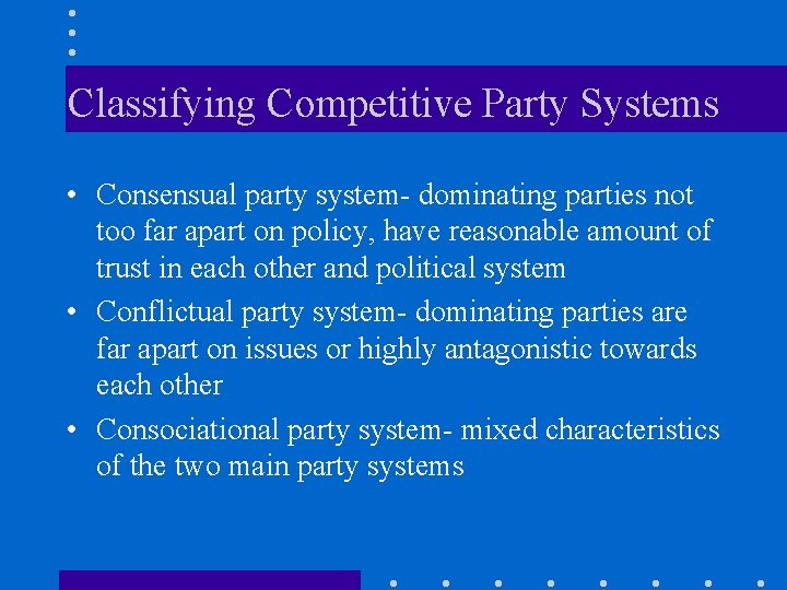 Classifying Competitive Party Systems • Consensual party system- dominating parties not too far apart