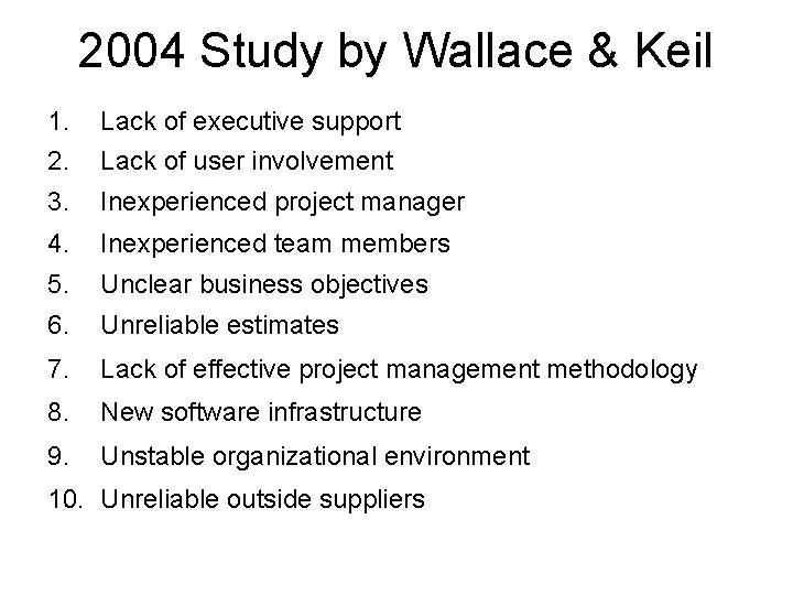 2004 Study by Wallace & Keil 1. 2. Lack of executive support 3. Inexperienced