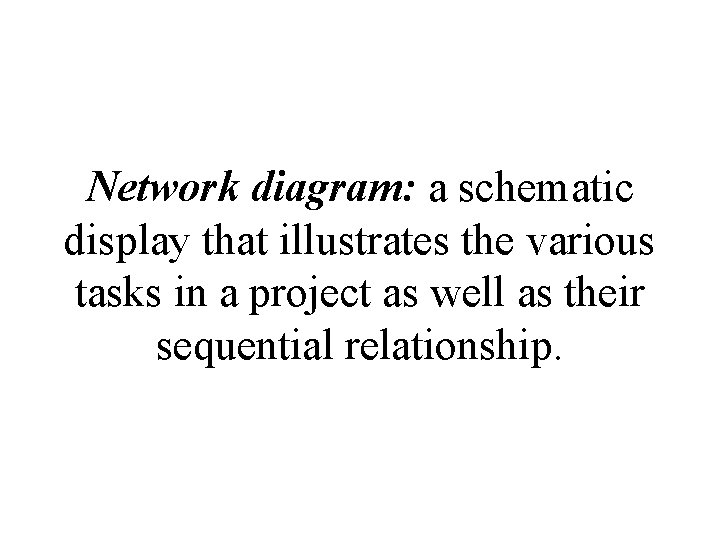 Network diagram: a schematic display that illustrates the various tasks in a project as