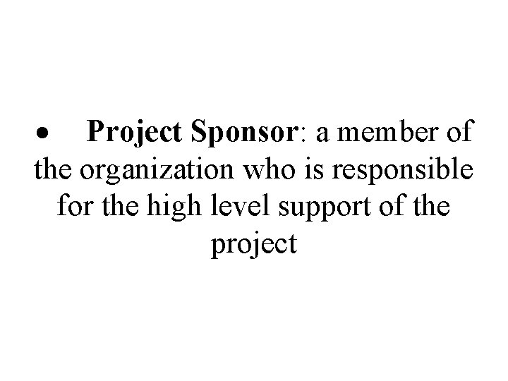  Project Sponsor: a member of the organization who is responsible for the high