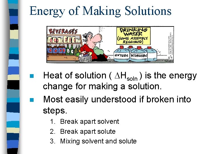 Energy of Making Solutions n n Heat of solution ( Hsoln ) is the