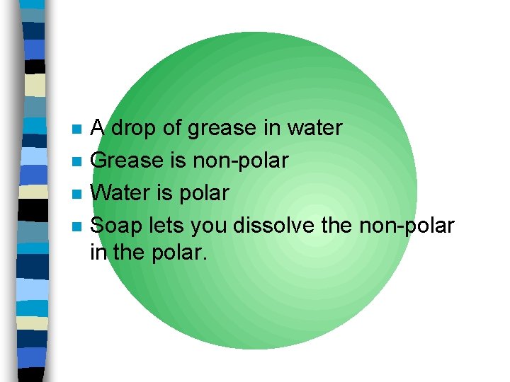 n n A drop of grease in water Grease is non-polar Water is polar