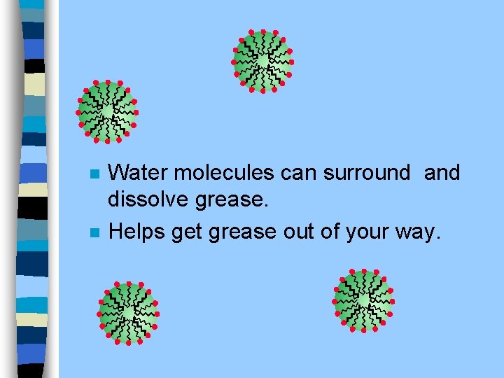 n n Water molecules can surround and dissolve grease. Helps get grease out of