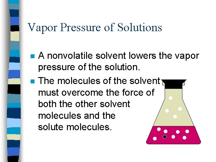 Vapor Pressure of Solutions n n A nonvolatile solvent lowers the vapor pressure of