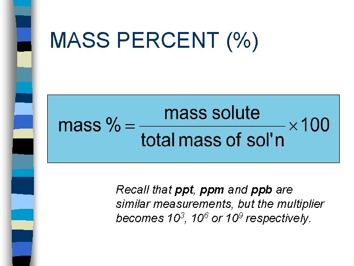 MASS PERCENT (%) Recall that ppt, ppm and ppb are similar measurements, but the