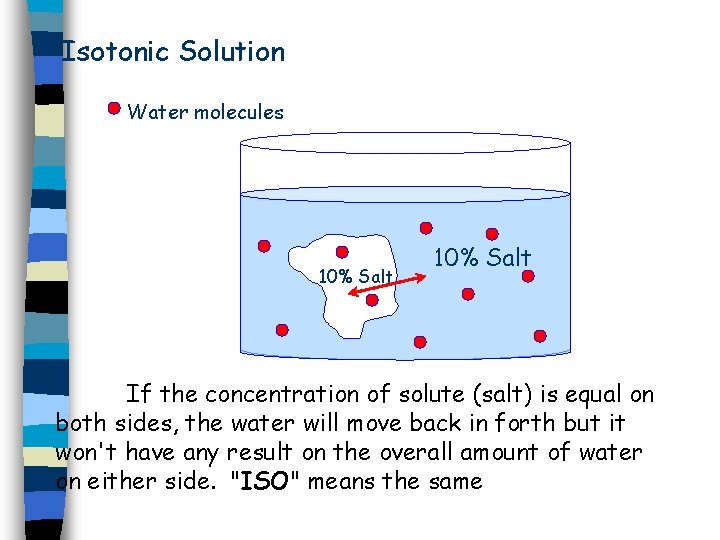 Isotonic Solution Water molecules 10% Salt If the concentration of solute (salt) is equal