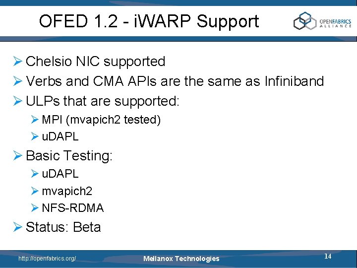 OFED 1. 2 - i. WARP Support Ø Chelsio NIC supported Ø Verbs and