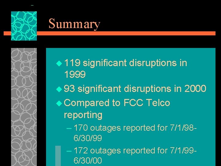 Summary u 119 significant disruptions in 1999 u 93 significant disruptions in 2000 u Summary u 119 significant disruptions in 1999 u 93 significant disruptions in 2000 u
