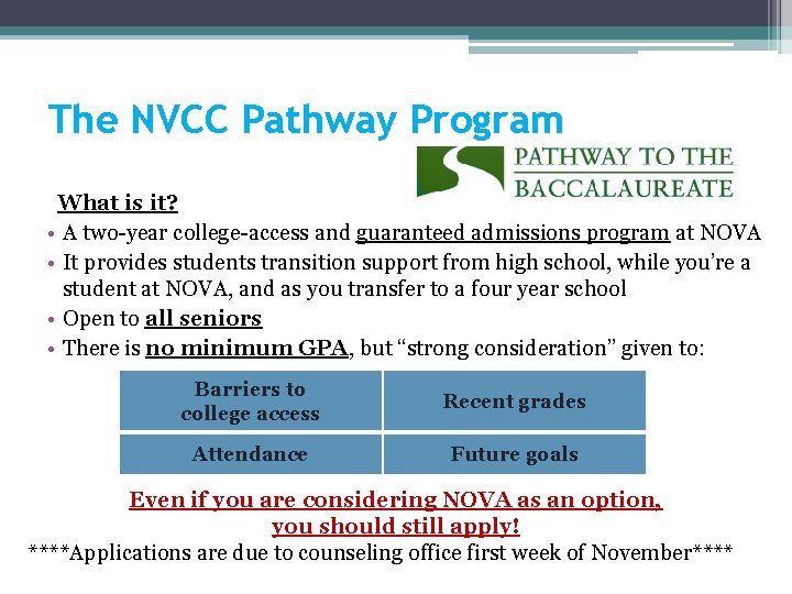 The NVCC Pathway Program What is it? • A two-year college-access and guaranteed admissions