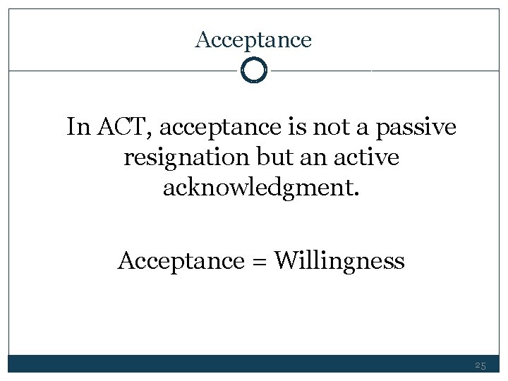 Acceptance In ACT, acceptance is not a passive resignation but an active acknowledgment. Acceptance