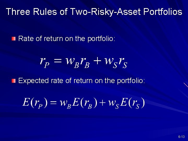 Three Rules of Two-Risky-Asset Portfolios Rate of return on the portfolio: Expected rate of