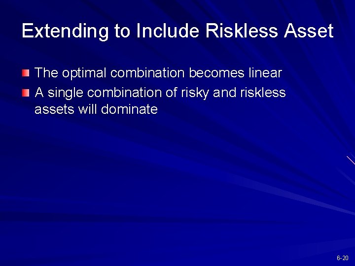 Extending to Include Riskless Asset The optimal combination becomes linear A single combination of