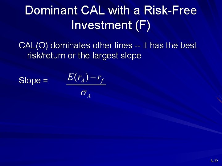 Dominant CAL with a Risk-Free Investment (F) CAL(O) dominates other lines -- it has