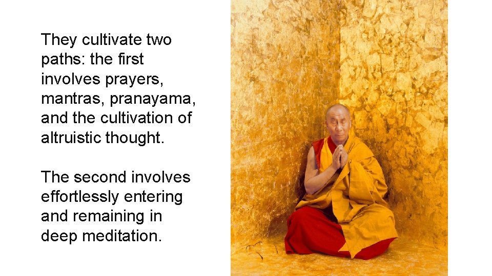 They cultivate two paths: the first involves prayers, mantras, pranayama, and the cultivation of