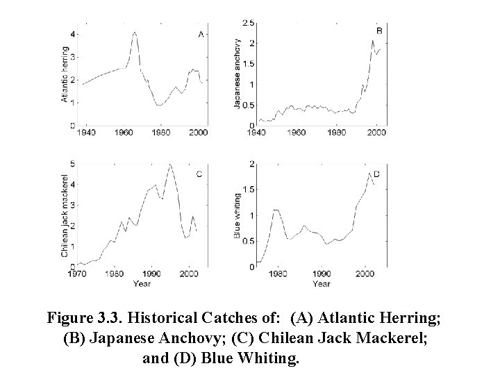 Figure 3. 3. Historical Catches of: (A) Atlantic Herring; (B) Japanese Anchovy; (C) Chilean