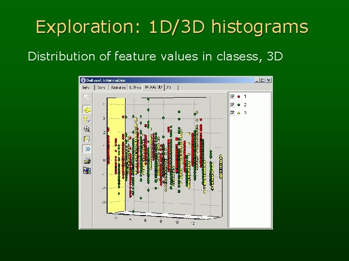 Exploration: 1 D/3 D histograms Distribution of feature values in clasess, 3 D 