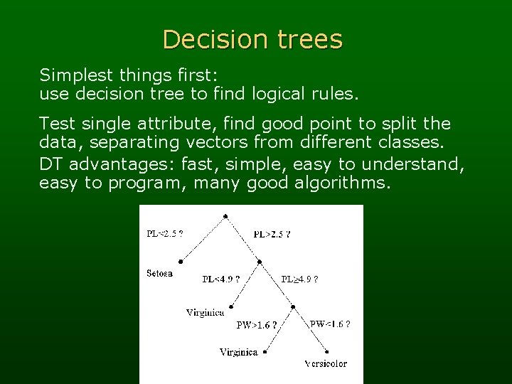 Decision trees Simplest things first: use decision tree to find logical rules. Test single