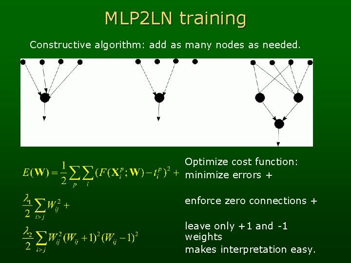 MLP 2 LN training Constructive algorithm: add as many nodes as needed. Optimize cost