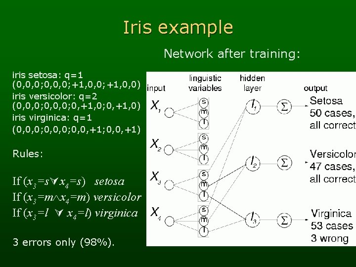 Iris example Network after training: iris setosa: q=1 (0, 0, 0; +1, 0, 0)