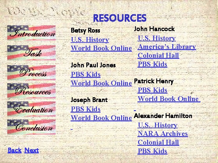 RESOURCES Betsy Ross U. S. History World Book Online John Paul Jones PBS Kids