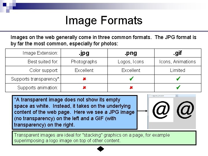 Image Formats Images on the web generally come in three common formats. The JPG