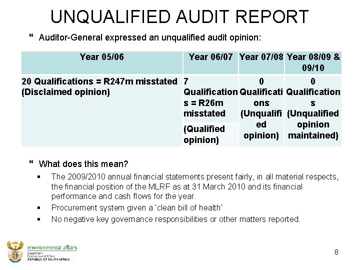 UNQUALIFIED AUDIT REPORT Auditor-General expressed an unqualified audit opinion: Year 05/06 Year 06/07 Year