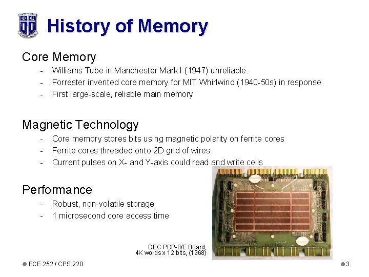 History of Memory Core Memory - Williams Tube in Manchester Mark I (1947) unreliable.