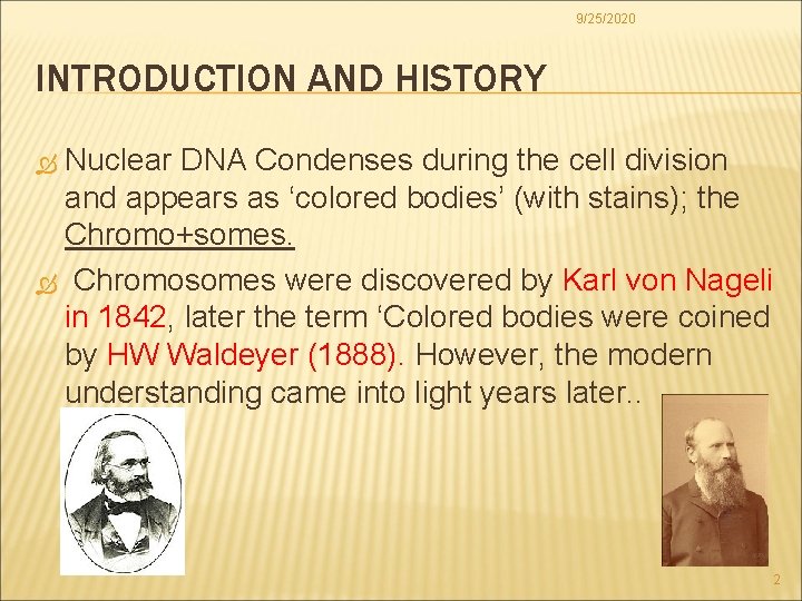 9/25/2020 INTRODUCTION AND HISTORY Nuclear DNA Condenses during the cell division and appears as