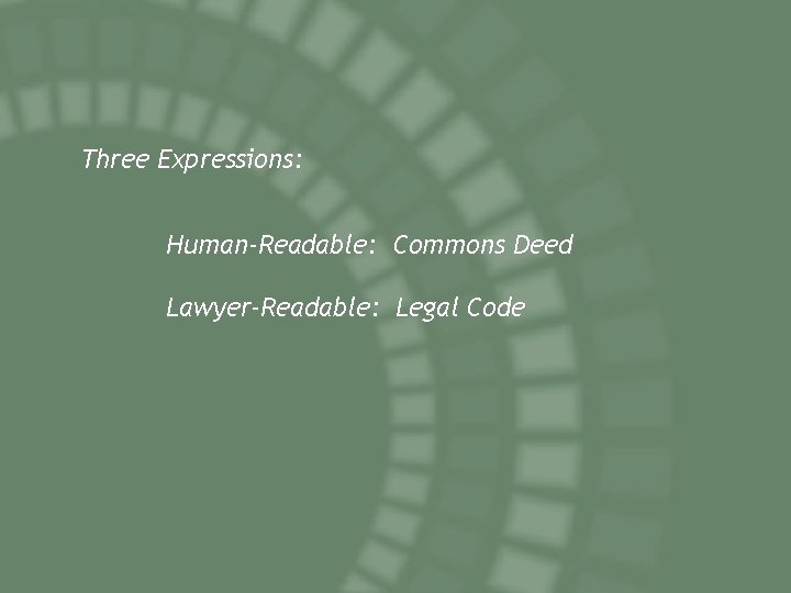 Three Expressions: Human-Readable: Commons Deed Lawyer-Readable: Legal Code 