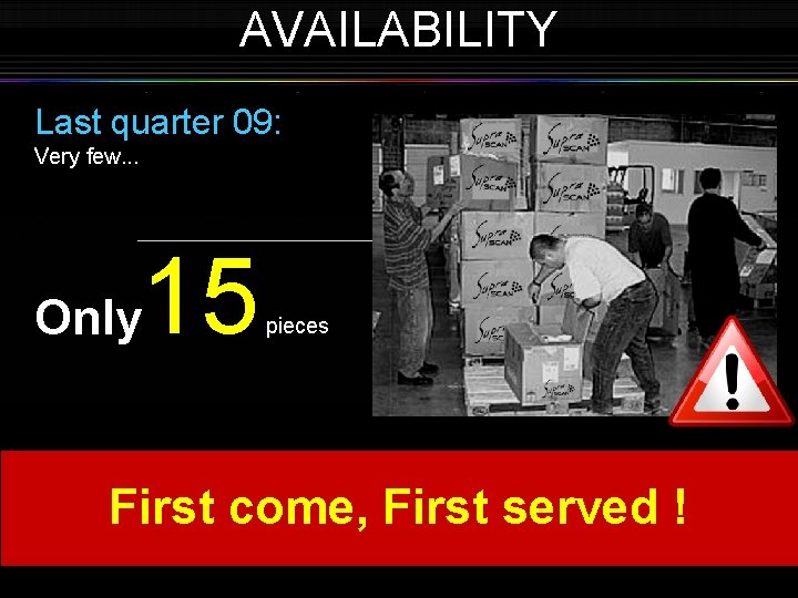 AVAILABILITY Last quarter 09: Very few. . . 15 Only pieces First come, First